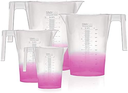ISOLAB USA - 4 Pieces Premium Set of Laboratory Plastic Beaker With Handle, High Clarity, Polypropylene, Raised Graduations, Autoclavable, Lab Pitchers, (Beakers w/Handle, 4)