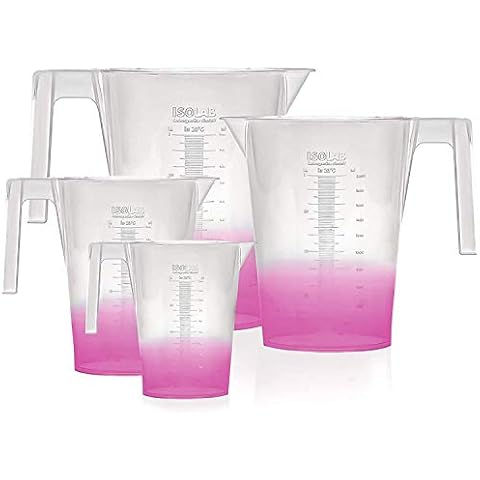 ISOLAB USA - 4 Pieces Premium Set of Laboratory Plastic Beaker with Handle, High Clarity, Polypropylene, Raised Graduations, Autoclavable, Lab Pitchers, (Beakers w/Handle, 4) Cover