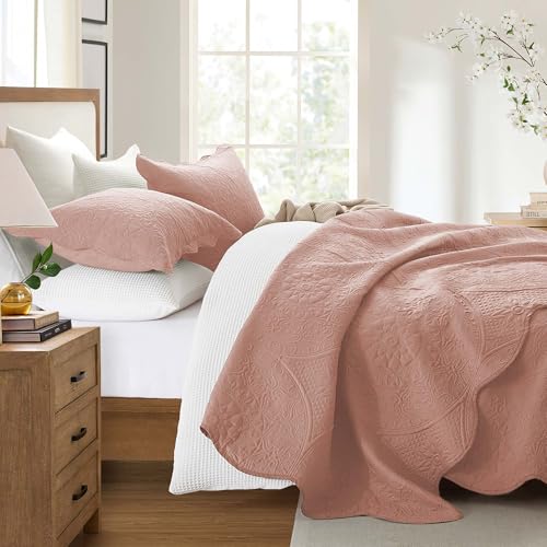 IR Imperial Rooms King Quilt Bedding Set Size (106" x 96") + 2 Pillow Shams (20" x 36"+ 2") - 3 Pcs All Season Lightweight Reversible Microfiber Coverlet Floral Embossed Quilt Bedspread (Baby Pink)