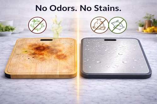 Tabla de Cortar de Acero Inoxidable 16 x 11 Pulgadas, Doble Cara con Base de Paja de Trigo para Verduras y Frutas miniatura 6