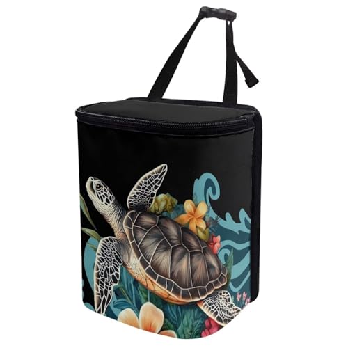 Image of Talayituse Turtle Plumeria Sea Wave Print Car Trash Can with Adjustable Straps, Zip Closure Car Trash Bag Bin Auto Garbage Bag Multipurpose Storage Box for Vehicle Travel Camping Picnicing
