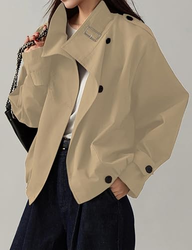 Womens Cropped Trench Coats Double Breasted Long Sleeve Stand Collar Oversized Trendy Jackets2