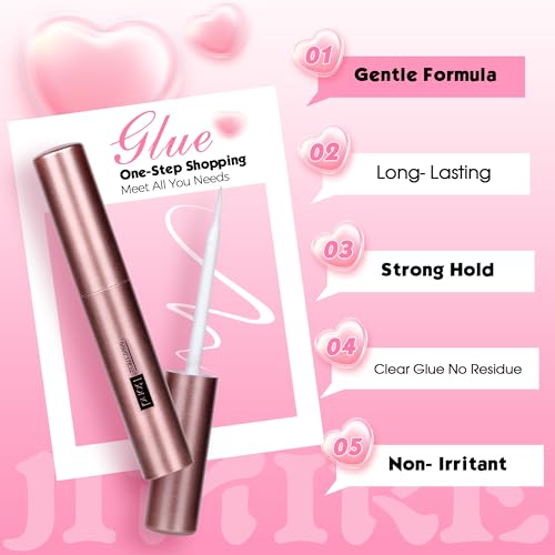 JIMIRE Cat Eye Lashes with Glue Wispy False Eyelashes with Eyelash Glue Kit Russian Strip Lashes D Curl Mink Lashes Fluffy 7 Pairs Pack