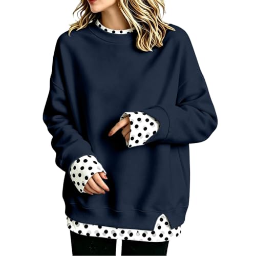 XINGJIAARTS Oversized Crewneck Sweatshirt Women Patchwork Long Sleeve Fall Tops Side Slit Pullover Trendy Fashion Outfits Dark Blue XX-Large (xx_l) - image 1