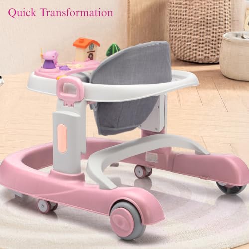 Image of Little Olive Baby Walker for Kids | Adjustable Height Baby Walking Support with Interactive Activity Toy Tray, Comfortable Padded Seat & Smooth Multi-Directional Wheels | Walker for Baby Boys & Girls - Pink