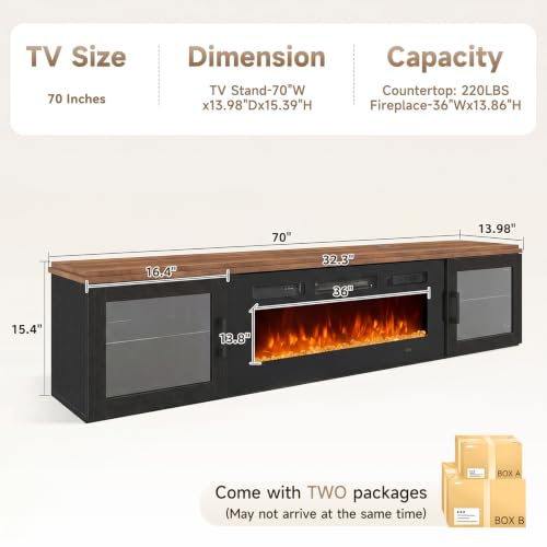 Image of 70 inch Floating TV Stand with Fireplace, High Gloss Finish Wall Mounted Fireplace Entertainment Center with Storage for TVs Up to 80 inch, Black & Brown