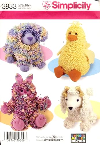 Simplicity Crafts Schnittmuster 3933 – Einsatz, um – Fleece Loopy Tiere – Über 38,1 cm High –, Hase, Ente, Hund, Pudel von Simplicity