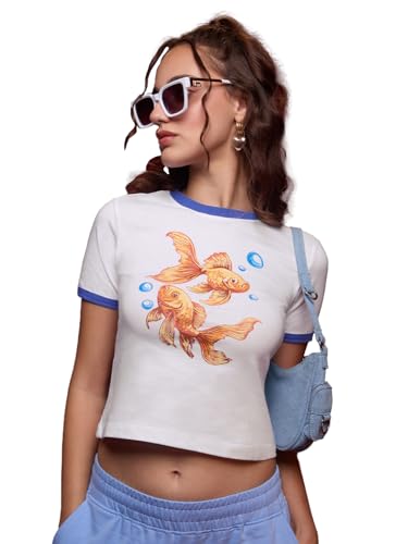 Image of The Souled Store Goldfish Graphic: Women and Girls Short Sleeves Round Neck White Graphic Printed Cotton Regular Fit Lightweight Casual Everyday Streetwear T-Shirt