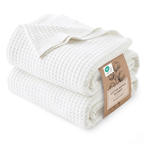 Bedsure Gentlesoft 100% Cotton Blanket Queen Size for Bed - Cooling Breathable and Soft for Summer, Thick Cozy Waffle Weave Blanket Gifts for Women, White, 90x90 Inches