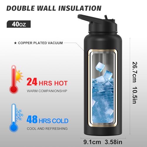 40oz Insulated Water Bottle (Cold for 48 Hrs),BPA Free&Leak Proof,Stainless Steel Water Flask,Water Jug with Straw Spout Lids for Gym,Hiking,Travel,Black