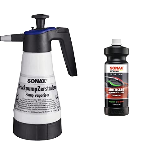 SONAX DruckpumpZerstäuber für saure/alkalische Produkte (1 Stück) zum bequemen Aufbringen & PROFILINE MultiStar (1 Liter) universell einsetzbarer Kraftreiniger für die Reinigung von Kraftfahrzeugen
