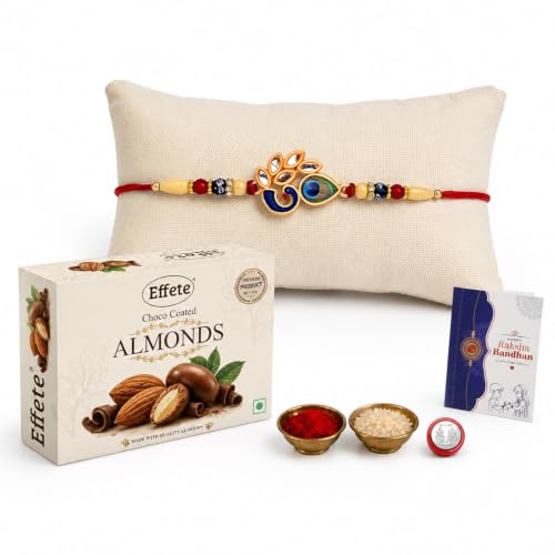 Image of DeoDap Rakhi for Brother with Choco Coated Almonds 32gm, Peacock Design, Pooja Coin, Roli Chawal & Card | Rakhi with Chocolate Combo for Raksha Bandhan