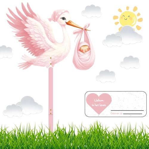 Klapperstorch Set zur Geburt Baby,83 cm hoch Babystorch,Großer niedliche Holz Klapperstorch für Baby,Beidseitig Bedruckt,Geburtsstorch inkl,Holzstab+ Namensschild Grußkarte