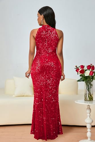 Image of VERWIN Sleeveless Halter Neck Sparkly Casual Party Cocktail Evening Bodycon Mermaid Maxi Sequins Dress