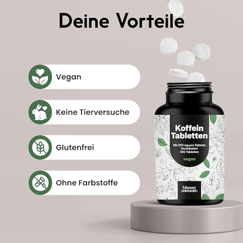 Koffeintabletten hochdosiert – 400 Tabletten – 200 mg Koffein pro Tablette, vegan – Laborgeprüft & produziert in Deutschland - Laborgeprüft - Verpackung kann variieren