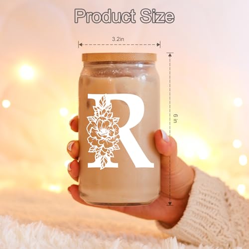 Image of Coolife Initial Glass Cup, Monogrammed Gifts for Women, 16 oz Tumbler w /Lid