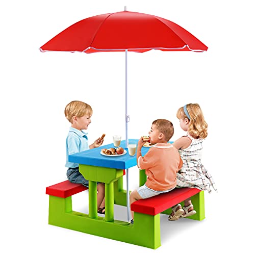 GYMAX Kids Picnic Table Garden Toddler Bench Set with Detachable Umbrella Indoor Outdoor Children Activities Play Table for Boys Girls (Green + Red + Blue)