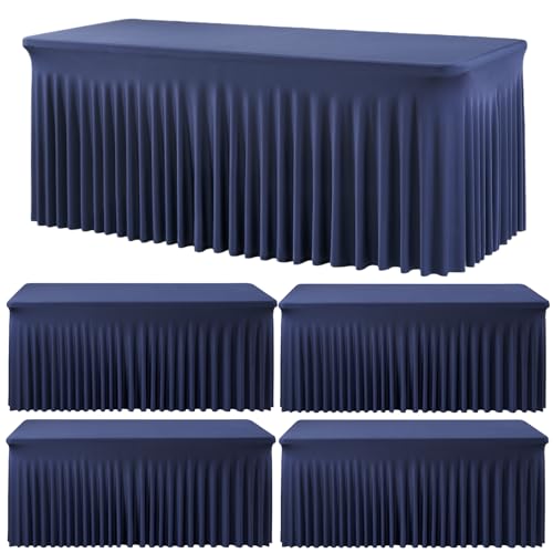 Image of Outpain 6ft Spandex Table Cloth for Standard Folding Tables-4Pack Navy Blue Table Cloth Table Protector for Party, Wedding, Cocktail, Banquet, Festival