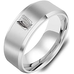 HMOOY Ataque al Anillo Titán, Alas de Libertad Logo Anillo de Acero Inoxidable Anillo de Boda para Pareja Negro/Plata Anillo de Anime Attack on Titan Joyas para Hombres y Niños (plata, 8)