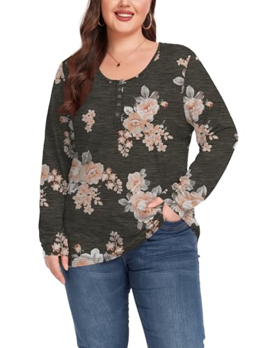 Women's Plus Size Top Henley Neck Shirt Long Sleeve Button Front Round Neck Tee Basic Ladies Loose Fit T Shirt2
