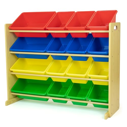 Image of Humble Crew Toy Storage Organizer with 16 Removable Storage Bins for Kids Playroom, 4-Tier Toddler Toy Organization, Natural Wood /Primary
