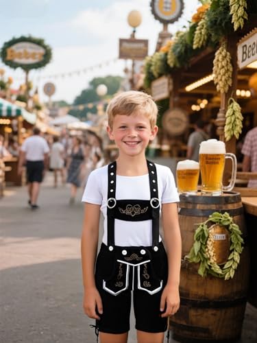 MOMBEBE COSLAND Kinder Oktoberfest Lederhosen Kostüm für Jungen, Jungen Stickerei Lederhose, Schwarz, Small (122-128)
