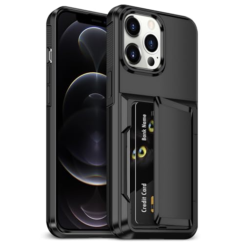 Aolcev for iPhone 12/12 Pro Case with Card Holder [Max 4 Cards] Heavy Duty Protective Shockproof Dual Layer Hard PC Soft TPU Bumper Card Slot Wallet Case Cover for iPhone 12/12 Pro Phone Case-Black