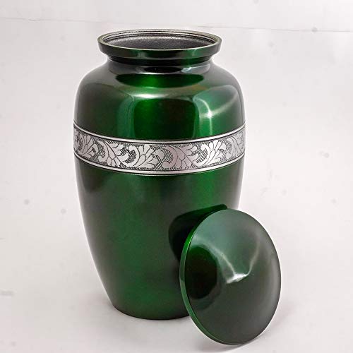 Image of Silver Engraved Aluminium Cremation Urn for Human Ashes Adult - Handcrafted Funeral Memorial Ash Storage Urn - Bag Included (Green, 6.5 inch x 6.5 inch x 10.5 inch - 200lbs or 91kg)