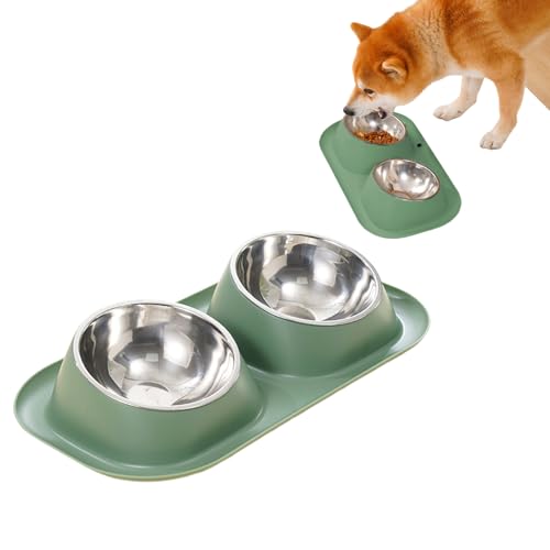 ペットのボウル ダブルボウル ステンレス ネックガード 黒あご給餌ボウル 犬猫用食器 漏れ防止食 取り外し可能 洗いやすい 猫ボウル 水糧分離 支柱付き食器 斜面 ペット飯台 おやつ皿 給餌器 給水鉢 ペット食器 鼻先トレーニング (グリーン)