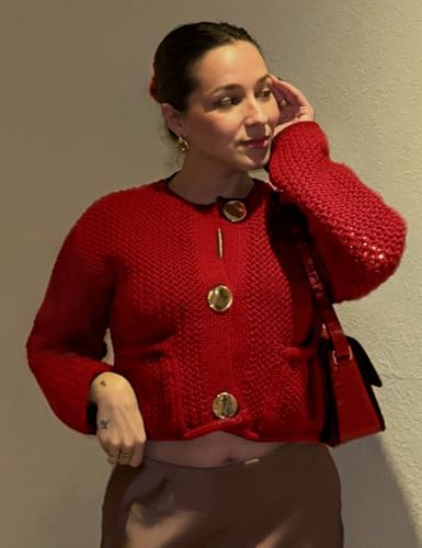 Image of Yimoon Womens Cropped Cardigan Sweaters Gold Button Down Chunky Knit Sweaters Long Sleeve Open Front Fall Crochet Cardigan(Red-S)