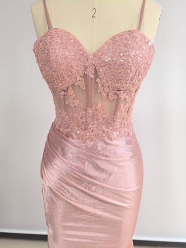 Spaghetti Strap Sweetheart Satin Prom Dress with Split Lace Appliques Corset Mermaid Long Evening Gowns4