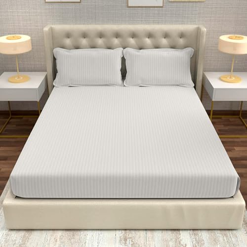 Image of Divine Casa 100% Cotton 210 TC King Size Bedsheet Italian Stripe | Soft Lightweight Breathable Bed Sheet with 2 Pillow Covers | Premium Design Bedding for Bedroom | 275 x 275 cm (Cream, Striped)