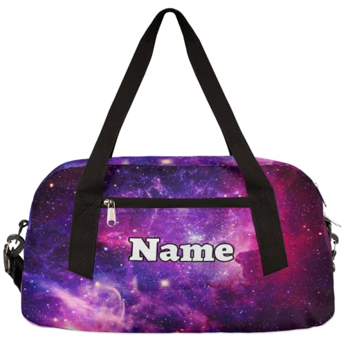 Purple Galaxy Custom Name Kids Duffel Overnight Bag for Little Boys Girls Teen, Galaxy Tie Dye Pattern Personalized Small Gym Sport Duffel Bag, Customized Kids Gifts