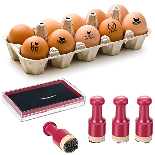 4 Pcs Fresh Egg Stamp with Black Ink Oils Round Rubber Stamp for Eggs Farm Self Ink Custom Stamp with Ink Pad Egg Cartons for Chicken Eggs Home Farm Supplies