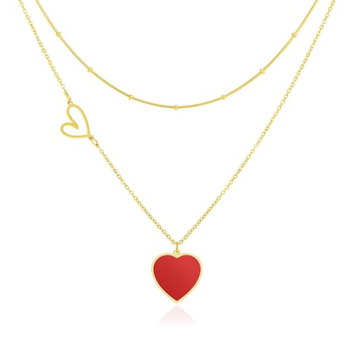Linawe Collier avec pendentif en forme de cœur rouge pour femmes, chaîne en or superposée pour femmes, collier pendentif, chaîne dorée avec cœur, bijoux...