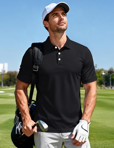 MAGCOMSEN Mens Polo Shirts Workout Fishing Casual Short Sleeve Golf Polos Breathable Quick Dry Summer Shirts Black L
