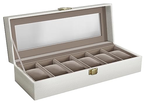 SONGMICS JWB006W01 6-Slot Watch Box Watch Case Glass Lid Removable Pads Metal Lock Cloud White Coating and Cappuccino Beige Lining