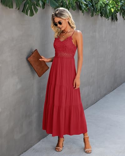 Image of Dokuritu Women's Beach Crochet Lace Maxi Dress Solid Color Summer Vacation Wedding Guest Spaghetti Strap Long Dress