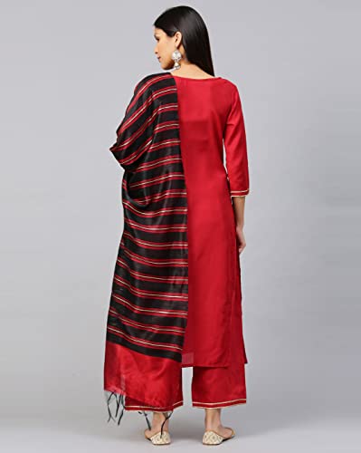 Image of INDO ERA Women's Pure Cotton Solid Straight Kurta with Pant & Dupatta Set (IE26KD4GN1883)