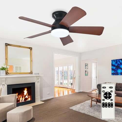 Image of Depuley Modern Ceiling Fan with Light: 35-Inch Black Small Fans for Bedroom Indoor Outdoor - Dimmable Low Profile Ceiling Fans with Remote Control Flush Mount 5 Reversible Walnut Blades 6 Speeds Timer