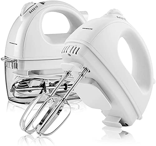 Image of Ovente Portable Electric Hand Mixer 5 Speed Mixing, 150W Powerful Blender for Baking & Cooking with 2 Stainless Steel Chrome Beater Attachments & Snap Clear Case Compact Easy Storage, White HM161W