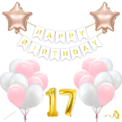 Image of Flyloons 17th Happy Birthday Decoration Kit Pink White for Boys Girls Kids Twins Men Women With 20 Pcs Pastel Balloons Birthday Banner 2 Pcs Star Items Set