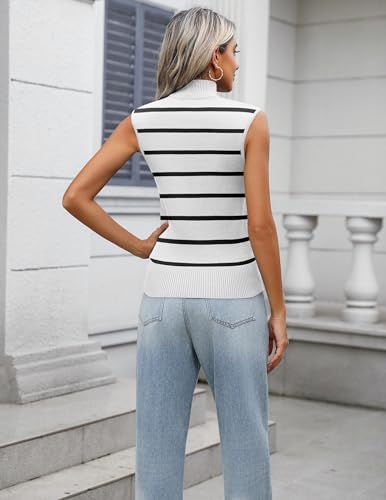 Image of Zeagoo Women's 2024 Mock Turtle Neck Sweater Vest Sleeveless Knit Pullover Tank Tops Casual Trendy Slim Fitted Shirts, Large, Stripe White