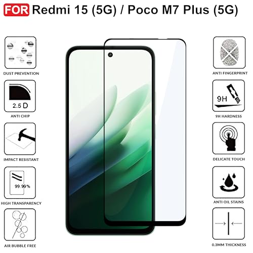 Image of CEDO Tempered Glass for Redmi 15 (5G) / Poco M7 Plus (5G) | Screen Protector Full HD Quality Tempered Glass Anti-Scratch Edge to Edge Coverage with Easy Installation Kit (Black)