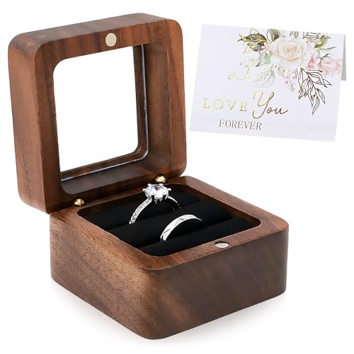 Rbleote Scatola Per Fedi Nuziali, Per Legno Per 2 Fedi, 5,5 X 5,5 X 4 Cm, Chiusura Magnetica, Finestra Trasparente, Fodera Nera - Adatta Per Proposte Di Matrimonio, Scatola Per Fedi Nuziali
