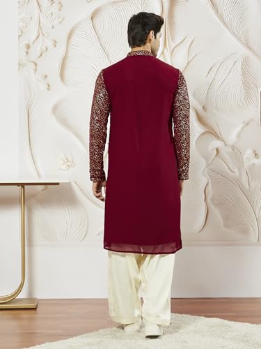 Image of VASTRAMAY Men Men's Maroon Georgette Kurta Patiala And Dupatta Set