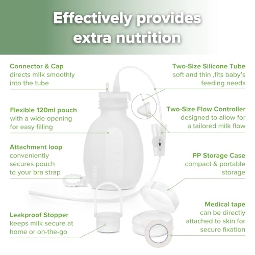 haakaa Supplemental Feeding Tube & Pouch Set, Baby Supplemental Nursing System, SNS Breastfeeding System, Food Grade Silicone, New Upgraded Design with Dual Tube Flow Control