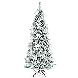 Goplus Snow Flocked Pencil Christmas Tree, 6FT Hinged Artificial Skinny Xmas Tree with White...