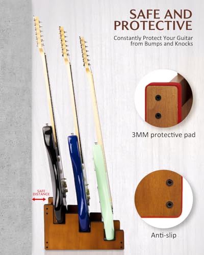 Image of STRICH Wooden Guitar Stand for Multiple Guitars, 3-Holder, Front Display Space-Saving Floor Guitar Rack for Home, Studio, Stage, Mahogany Color, GS-1M (For 3 Electric /Bass)