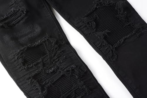 Mens Black Patch Ripped Biker Jeans Skinny Knee Holes Patchwork Distressed Pants Stacked Wrinkled4